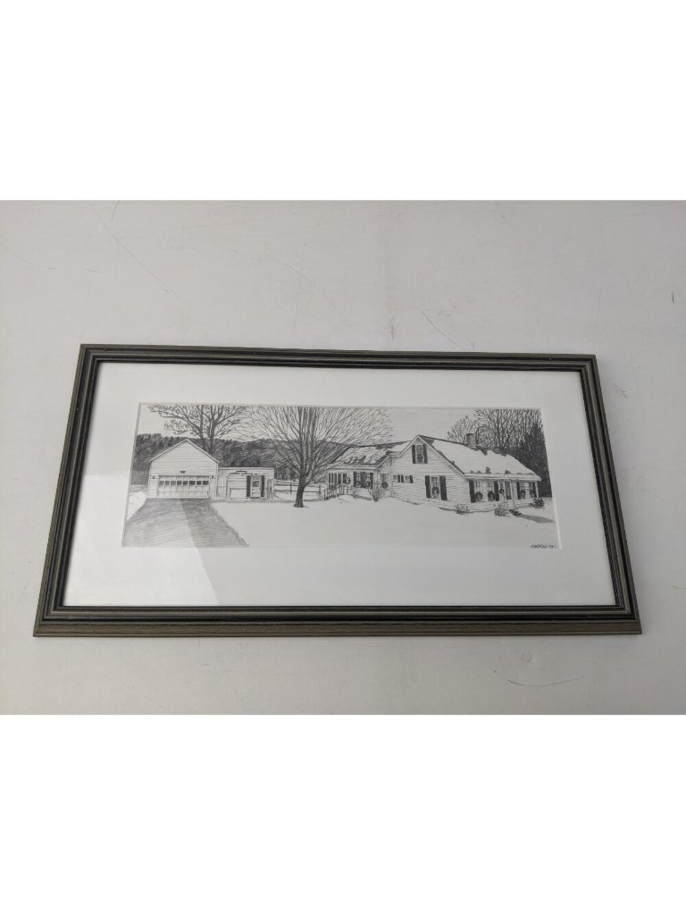 Vintage original pencil drawing artist signed framed 18" x 9" New England Winter
